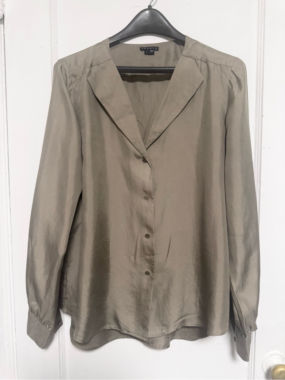 Theory Silk Lapel Button-Down Blouse - Taupe, Size L